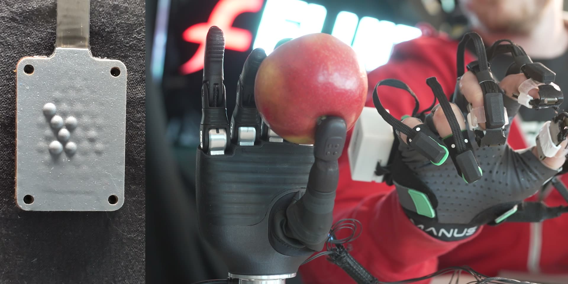 Demo video: robot hand mirroring a haptic-gloved operator